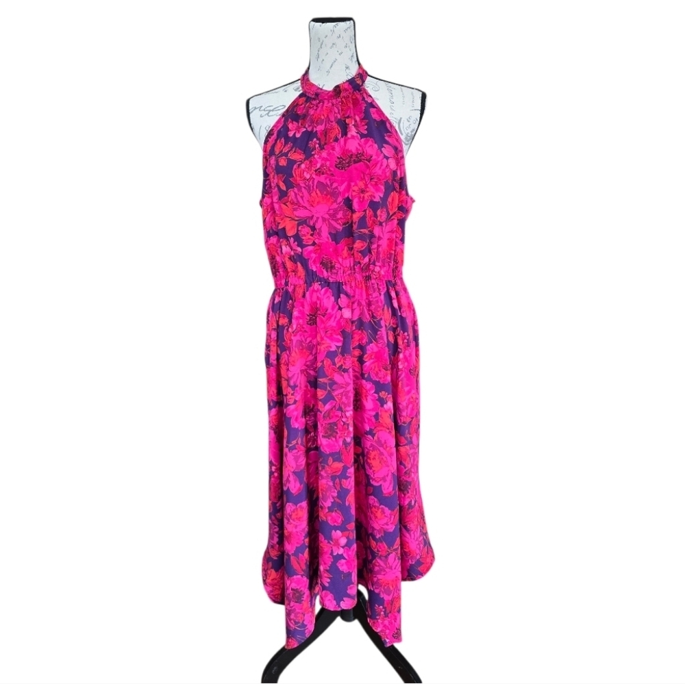 Adyson Parker Fushia Navy Floral Halter Maxi Dress L